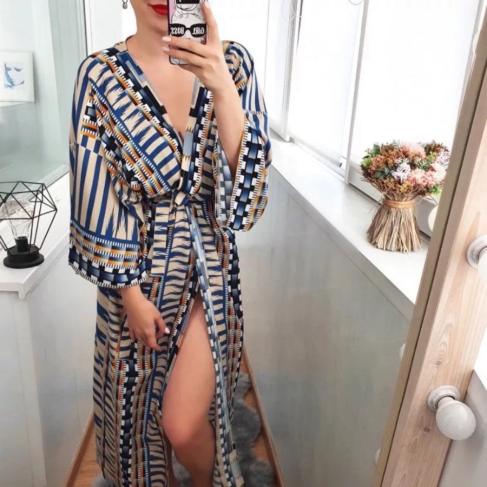 SOLD OUT Tribal Ethnic Cotton Self Tie Kimono Duster Robe - Picture 4 of 8